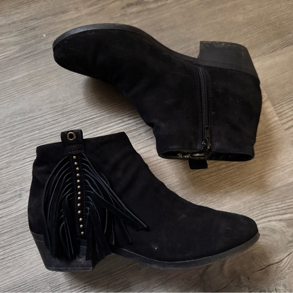 Call It Spring Black Suede Ankle Boots Fringe Low Heel Cowgirl Booties Brass - Picture 3 of 12